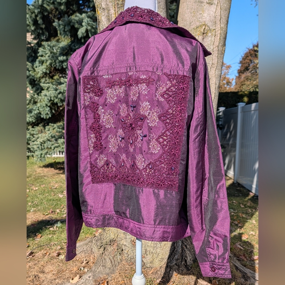 Grannycore Coldwater Creek Purple Lace Beaded Silk Blend Jacket Large Embroidery